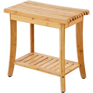 VEVOR Bamboo Shower Bench, 19.1 x 11.3 x 18.3 in, Waterproof Shower Stool Chair with Storage Shelf, 330lbs Load Capacity, Natural Bamboo - 1 of 4