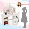 Kids Vanity Table with Touch Light /Detachable Tri-Folding Mirror, Open Storage Shelves, Wood Makeup Playset with Chair - 2 of 4