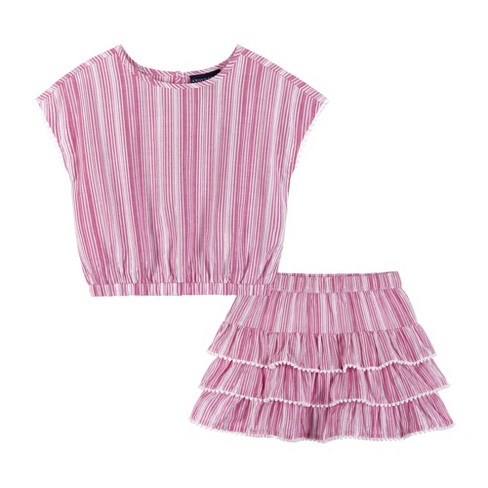 Andy & Evan Kids Pink Stripe Top & Tiered Ruffle Skirt Set, Size