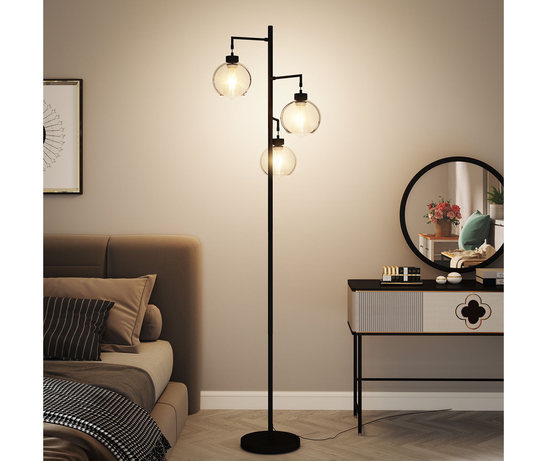 Racxily 67" Tree-Shaped Living Room Floor Lamp with 3 Lights, Glass Lampshade and Foot Switch