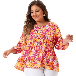 Agnes Orinda Women's Plus Size V Neck Babydoll 3/4 Lantern Sleeve Casual Floral Flowy Blouses - 1 of 4