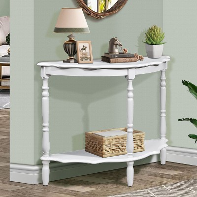 ORRD 42" Half-Moon Console Table with Cloud Design Top, Retro Curved Entryway Table with Open Shelf, Milk White Farmhouse Sofa Table