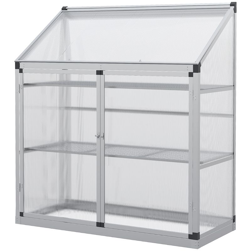 Outsunny Outdoor Garden Greenhouse, Cold Frame Polycarbonate Panel Planthouse with Openable Roof, 3 Shelves, Double Door, 51.5" L x 22.75" x 55", 4 of 7
