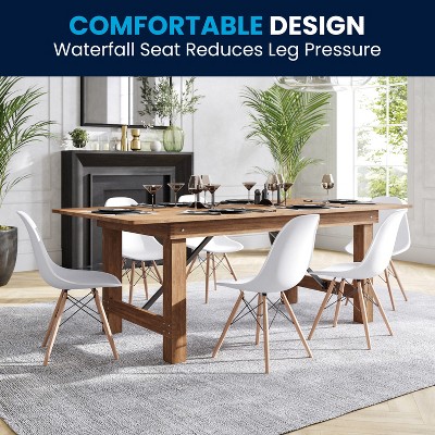 White Plastic Side Chair with Wooden Legs and Metal Bracing