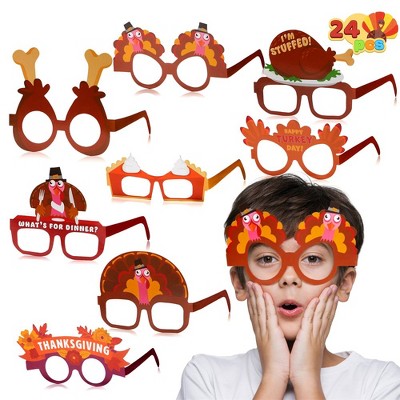 SYNCFUN 24 Pcs Thanksgiving Turkey Eyeglasses, Turkey Eyewear Frame Pumpkin Maple Leaves for Kids Thanksgiving Harvest Party