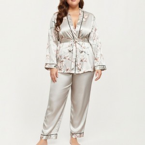 Anna-Kaci Lounge Women's PLus Size Satin Pajama Set with Wrap Front Tie Waist Top and Straight Leg Pants - 1 of 4
