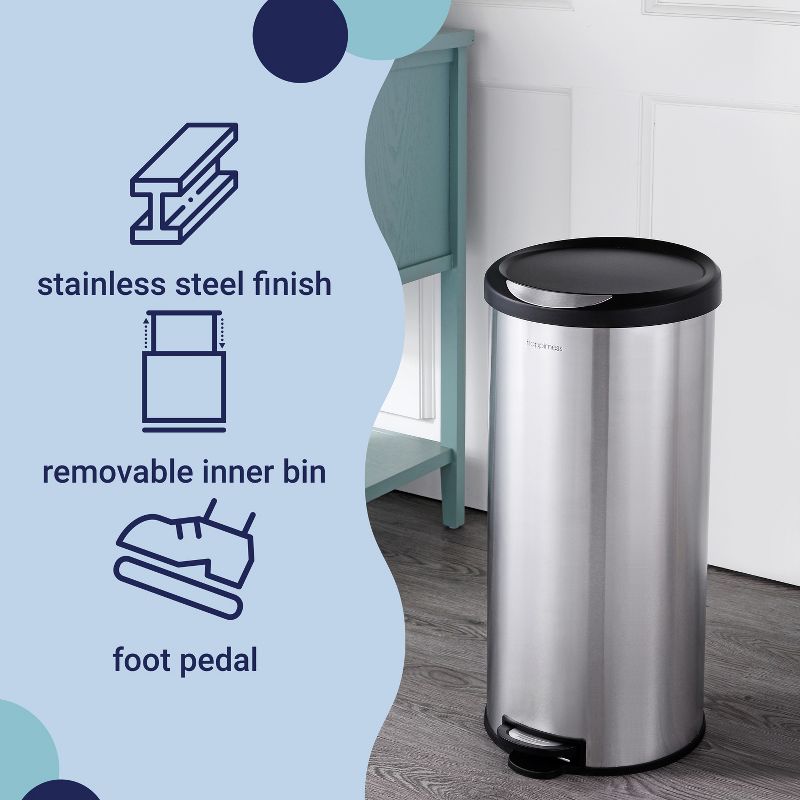 happimess Oscar Round 8-Gallon Step-Open Trash Can with FREE Mini Trash Can, Stainless Steel/Black, 6 of 13