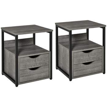 HOMCOM Industrial Side Table, End Table with 2 Storage Drawers, Accent Piece for Living Room, Set of 2, Gray