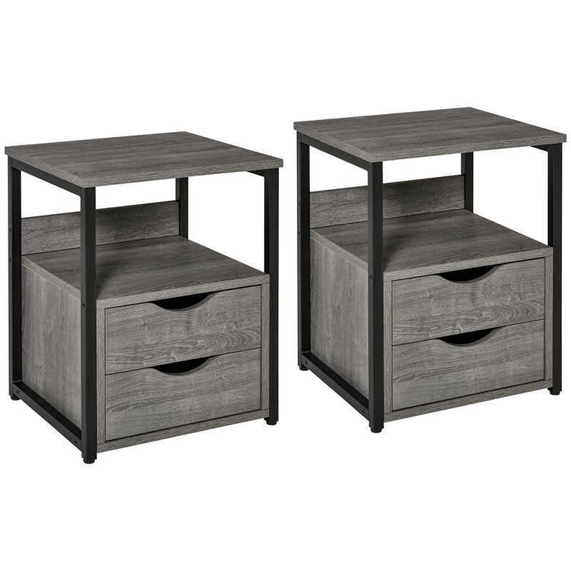 HOMCOM Industrial Side Table, End Table with 2 Storage Drawers, Accent Piece for Living Room, Set of 2, Gray, 1 of 7