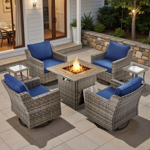 7Pcs Patio Rocking Swivel Chair with 50,000 BTU Fire Pit Table Outdoor Wicker Rattan Bistro Set with Tempered Glass Side Table - 1 of 4