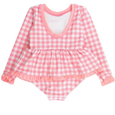 RuffleButts Girls UPF50+ Long Sleeve One Piece Bow Peplum Rash Guard Swimsuit - Bubblegum Pink Gingham, 6 — фото 2