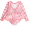 RuffleButts Girls UPF50+ Long Sleeve One Piece Bow Peplum Rash Guard Swimsuit - Bubblegum Pink Gingham, 10 - 2 of 4