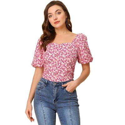 RYRJJ Womens Elegant Smocked Puff Sleeve Tops Loose Crewneck Solid Color  Shirts Summer Fashion Dressy Casual Blouse Tunics(Pink,L)