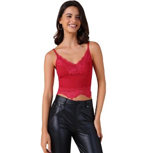 INSPIRE CHIC Women's Spaghetti Strap V Neck Sleeveless Lace Trim Y2K Cropped Tank Top - 1 of 4