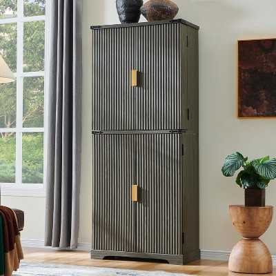 SinCiDo Fluted Kitchen Pantry with 4 Doors and Adjustable Shelves, 72″ Tall Modern Pantry Cabinet with Drawer, Wood Cupboard for Kitchen, Army Green