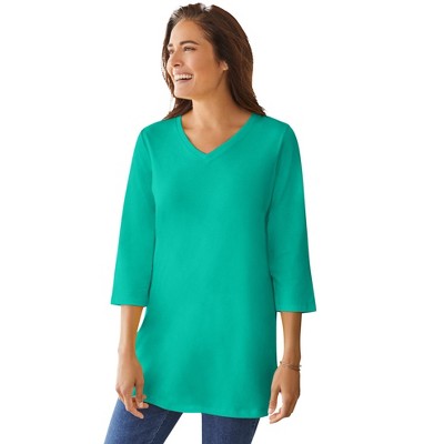 Woman Within Plus Size Perfect Three-Quarter Sleeve V-Neck Tunic