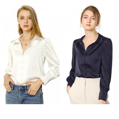 Allegra K Women's Satin Puff Sleeve Point Collar Vintage Button Up Shirt 2 Pcs