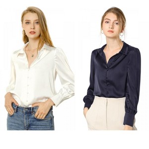 Allegra K Women's Satin Puff Sleeve Point Collar Vintage Button Up Shirt 2 Pcs - 1 of 4