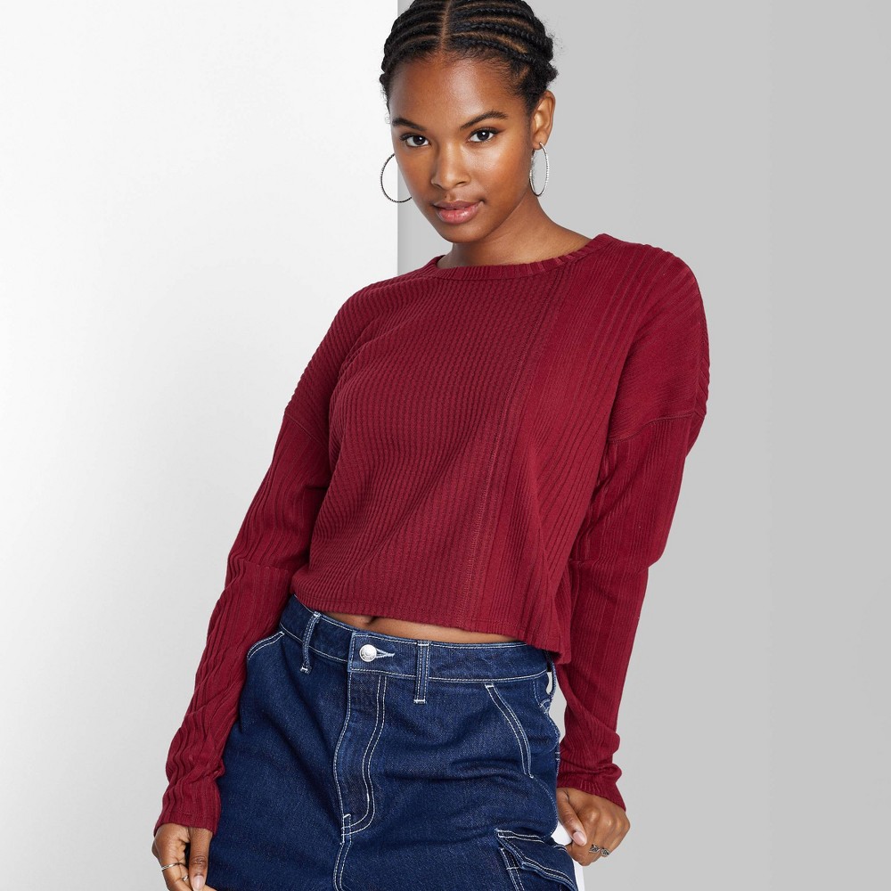 Women's Long Sleeve Boxy Cropped T-Shirt - Wild Fable Berry Red L