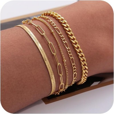 Gold Bracelets for Women Waterproof, 14K Real Gold Jewelry Sets Trendy Thin Dainty Stackable Cuban Link