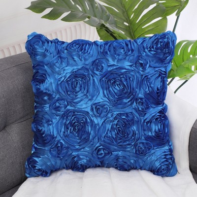 Royal Blue 3D Satin Rose Floral Throw Pillow Cover 16" x 16"