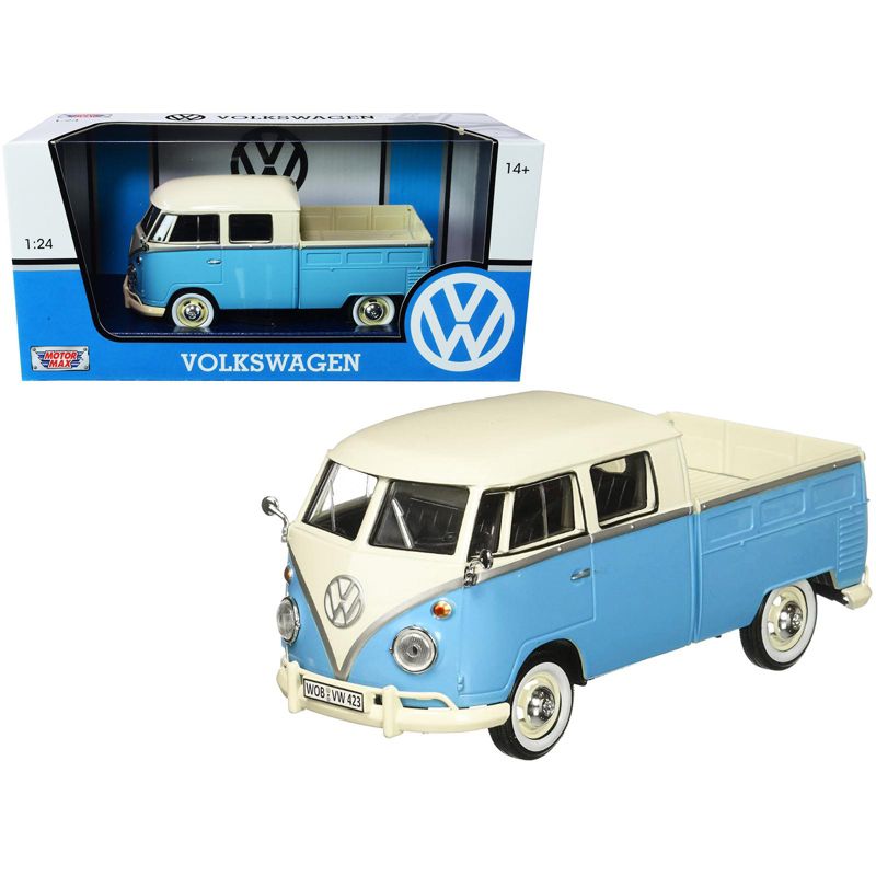Volkswagen Type 2 (T1) Double Cab Pickup Truck Light Blue and Cream 1/24 Diecast Model Car by Motormax, 1 of 4