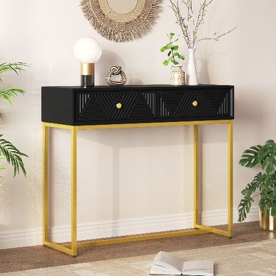 PAGED Modern Gold Metal Console Table with Diagonal Stripe Drawers, Narrow Entryway Sofa Table with Storage, Sofa Tables Narrow Long