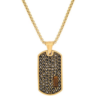 Steeltime Men's stainless steel simulated diamonds and tiger eye/onyx dog tag pendant. Color Options: Silver/Brown, Gold/Brown, Silver/Black
