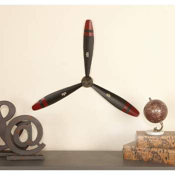 25" x 22" Metal Airplane Propeller 3 Blade Wall Decor with Aviation Detailing Black - Olivia & May