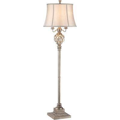 Barnes and Ivy Traditional Floor Lamp with Nightlight LED Olde Silver Mercury Glass Faux Silk Bell Shade for Living Room Reading