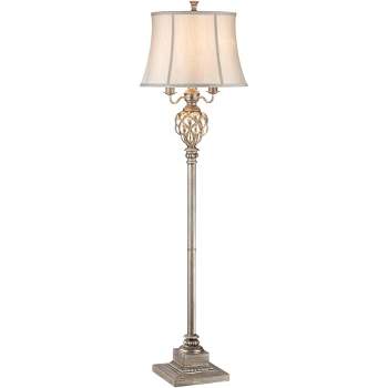 Barnes and Ivy Olde Vintage Floor Lamp 63 1/2" Tall Olde Silver with LED Nightlight Mercury Glass Faux Silk Bell Shade for Living Room Office House
