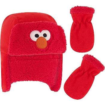 Elmo Boys Winter Beanie Hat and Mittens Set- Red (Age 2-4)
