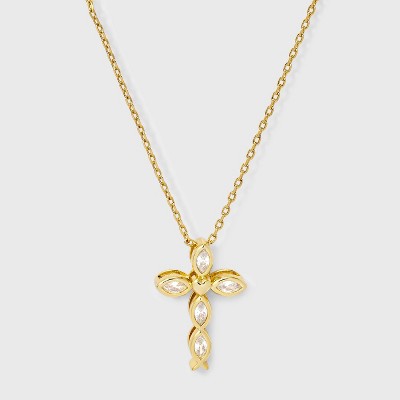 14K Gold Dipped Cubic Zirconia Cross Pendant Necklace - Gold