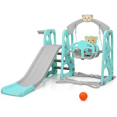 Costzon 4-in-1 Toddler Slide and Swing Set, Indoor/Outdoor Playset with Slide, Climber, Basketball Hoop & Ball, Little Bear Theme for Ages 1+