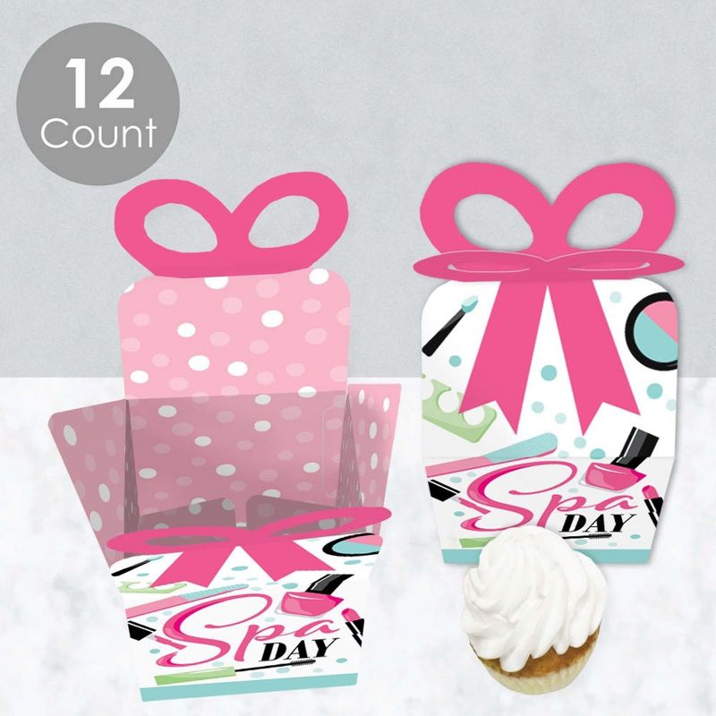 Big Dot of Happiness Spa Day - Square Favor Gift Boxes - Girls Makeup Party Bow Boxes - Set of 12, 3 of 9