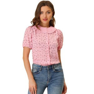 Allegra K Women's Floral Pleated Collar Puff Sleeves Button Down Shirt - 1 of 4