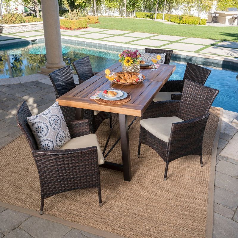 Torrens 7pc Acacia Wood/Wicker Patio Dining Set - Brown - Christopher Knight Home, 1 of 9