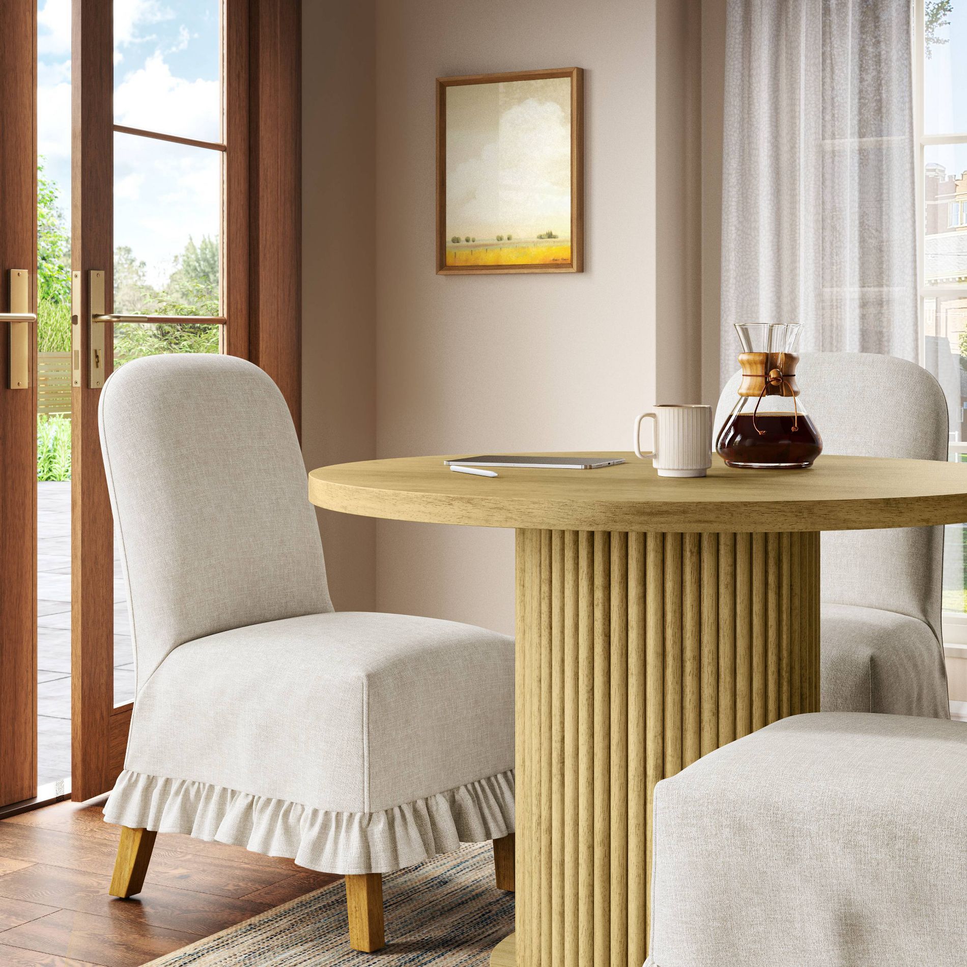 Rounded Back Slipcovered Dining Chair with Ruffle in Performance Textured Weave Flax - Threshold™