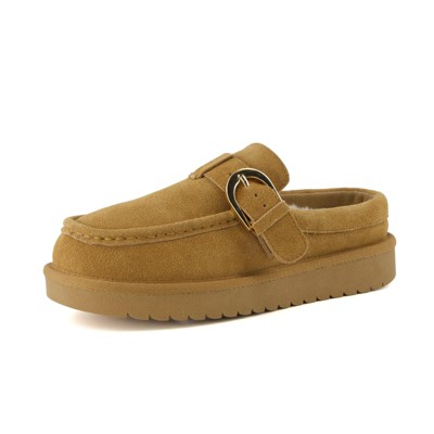 CUSHIONAIRE Origin Genuine Suede Mule Clogs for Women, Cozy Slip-On Moc Toe Loafer with Buckle and Faux Fur Cushioned Footbed