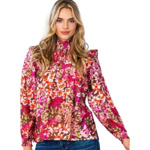 Slickblue Women's Floral Mock Neck Smocked Yoke Blouse, Ruffle Shoulder Long Sleeve Top, Dark Pink, Size S-L - 1 of 4