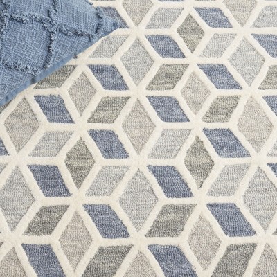 Ivory and Grey Geometric Wool Handmade Runner Rug