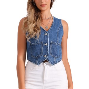 INSPIRE CHIC Women's V Neck Sleeveless Button Down with Pockets Denim Vest - 1 of 4
