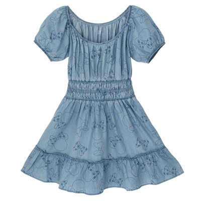 Disney Minnie Mouse Womens Denim Smocked V-neck Dress Blue Denim Small