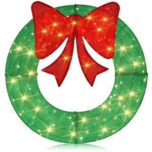 Costway 48 Inch Pre-Lit Christmas Wreath with 200 LED Lights Red Bow Hanging Hooks Green + Red/Warm White + Red - 1 of 4