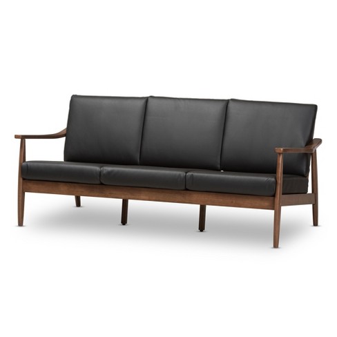 Venza Mid modern Walnut Wood Faux Leather 3 Seater Sofa Black