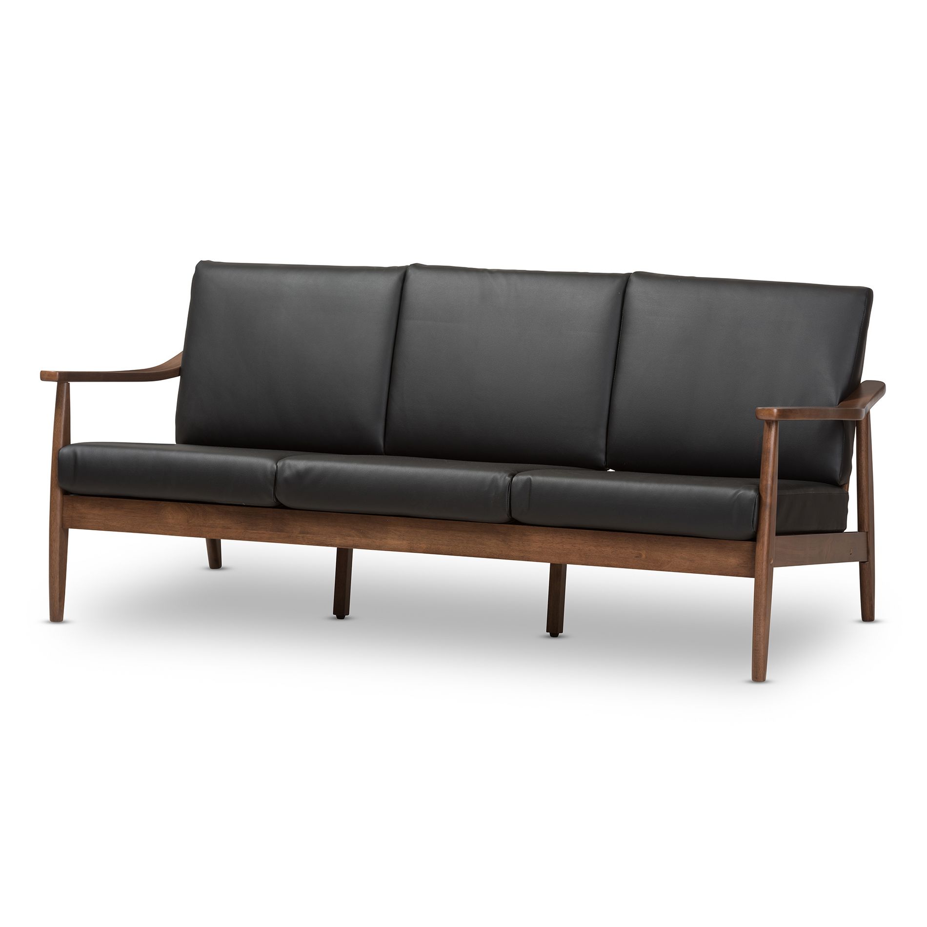 Venza Mid-Modern Walnut Wood Faux Leather 3 Seater Sofa Black - Baxton Studio: Rubberwood Frame, Tufted Back, 700lb Capacity
