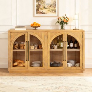 Luxystar 4-Door Sideboard Buffet Cabinet with Large Storage, Glass Doors and Adjustable Shelves for Dining and Living Room, Natural Wood - 1 of 4