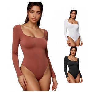 INSPIRE CHIC 3 Packs Women's Long Sleeve Bodysuit Slim Fit Square Neck Tummy Control Brief Leotard - 1 of 4