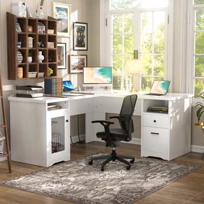 L-Shape Desk with Charge Station, Computer Desk Workstation with File Cabinet and Drawers for Office