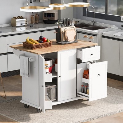 Kitchen Island with Drop Leaf, 53.9" Kitchen Island Cart on Wheels, Rolling Kitchen Cart Table with 2 Drawers for Dining Room Kitchen